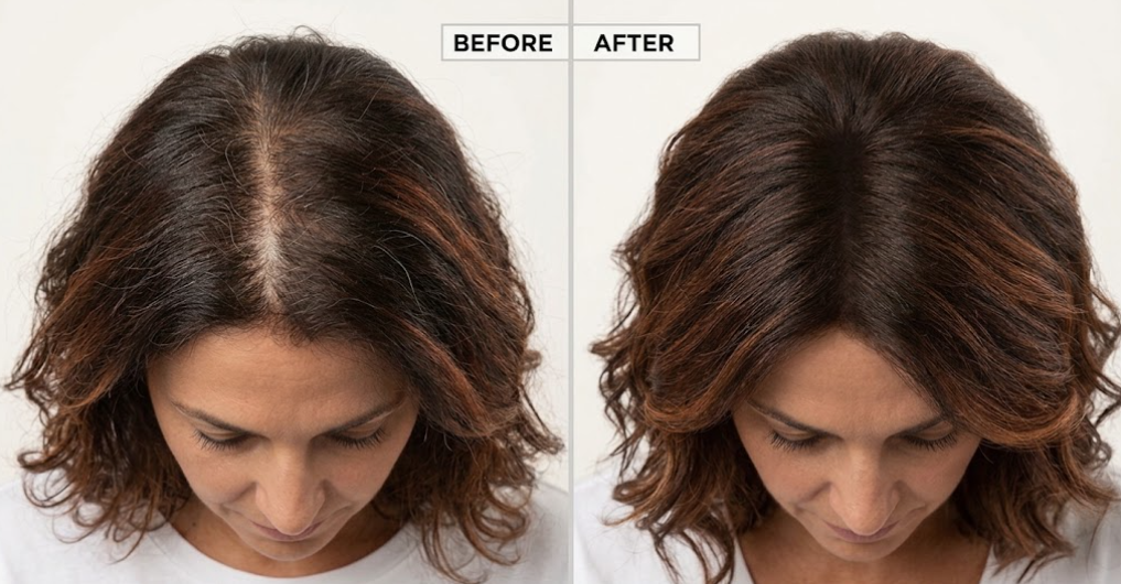 Before and after showing a fuller-looking brown hair part