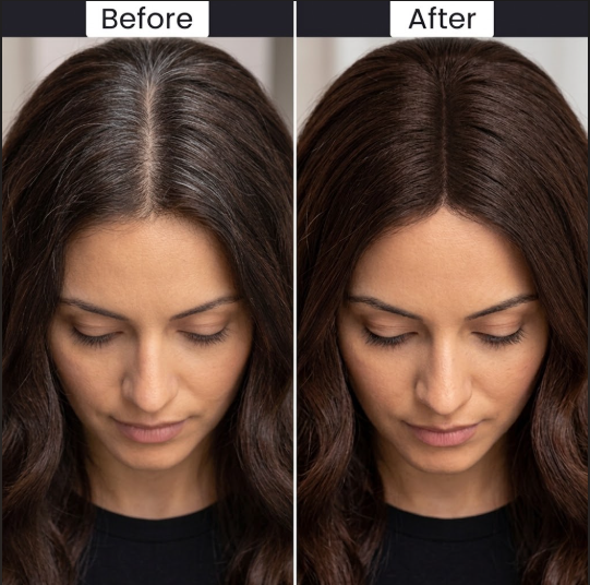 Before and after showing root touch-up coverage on brown hair